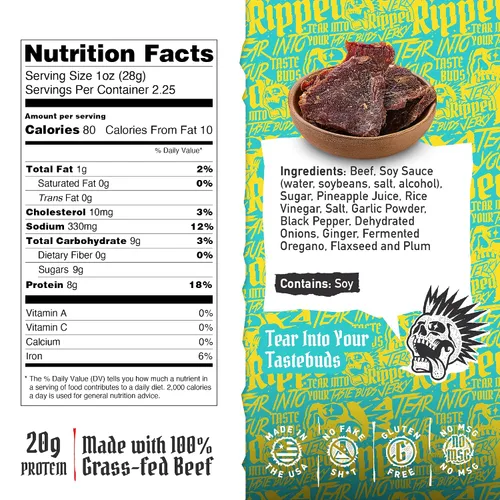 Miniatura 2 de Ripped Beef Jerky - 100% carne de res alimentada con pasto, 20g de proteína, ingredientes reales, sin gluten, sin MSG, hecho en EE. UU.
