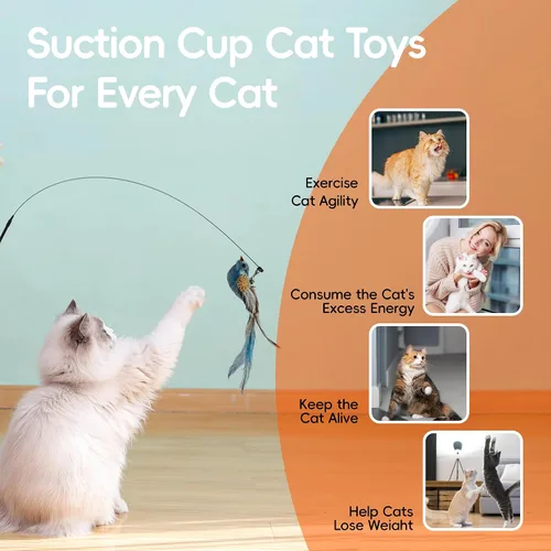 Miniatura 5 de Juego de juguetes interactivos de simulación de plumas de gato, varita retráctil para gatos, base de ventosas, incluye 7 piezas desmontables