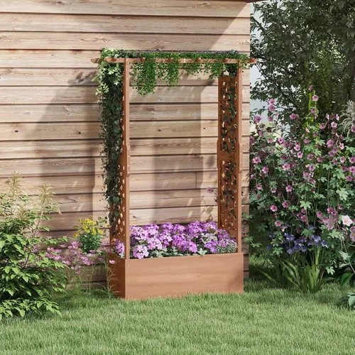 Miniatura 2 de Outsunny - Macetero de jardín elevado con enrejado arqueado para plantas trepadoras de enredadera, flores colgantes, macetero de madera