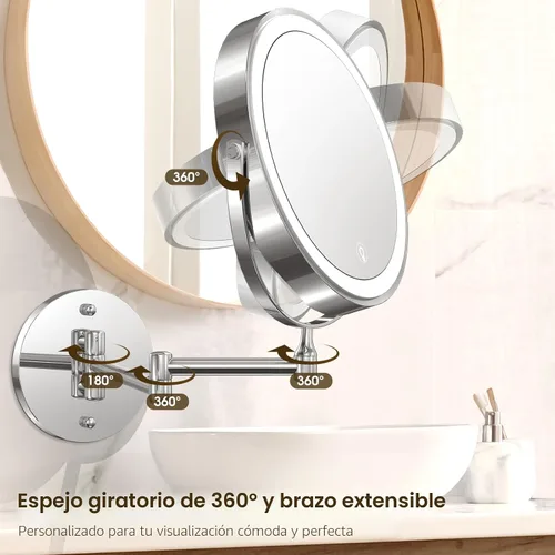 Miniatura 6 de MNIENT Espejo de maquillaje iluminado montado en la pared, espejo de aumento recargable de doble cara de 8 pulgadas, 1x/10x, espejo de tocador LED