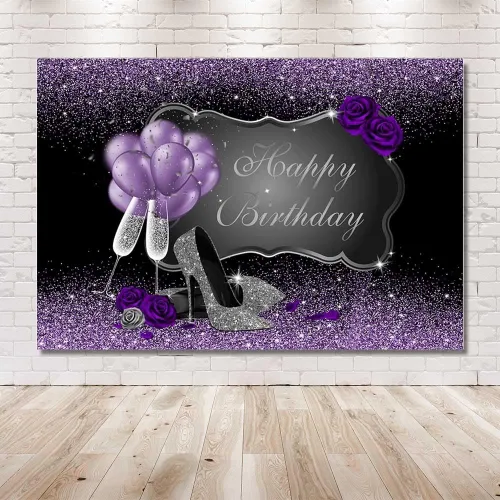 Miniatura 5 de MEHOFOND Accesorios de fondo de fotos morados y plateados, tacones altos plateados, globos de champán, rosa morada, mujer, decoración de fiesta