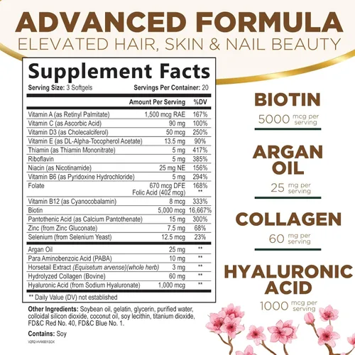 Miniatura 2 de Vitaminas para el cabello, la piel y las uñas, biotina, 5000 mcg por porción, apoyo extra fuerte para el crecimiento del cabello para mujeres