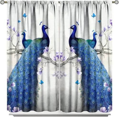 Miniatura 43 de Cortina opaca con estampado de pavo real, con estampado de animales retro, con bolsillo para cortinero y flores de peonía doradas, para dormitorio