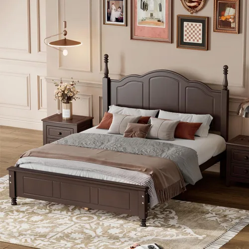 Miniatura 10 de Merax Cama clásica retro de madera maciza con cabecero, marco de cama matrimonial, no necesita somier, fácil de montar, color blanco