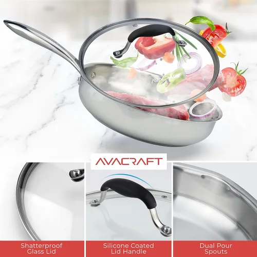 Miniatura 4 de AVACRAFT - Sartén de acero inoxidable 18/10 de 10 pulgadas con tapa, boquillas laterales, inducción, sartén de acero inoxidable versátil