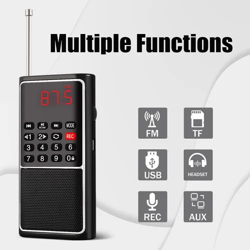 Miniatura 5 de Leting Radio portátil con altavoz MP3, radios FM portátil, soporte de radio FM, tarjeta TF/USB/grabación de música, mini radio con batería Negro