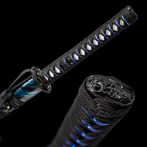 Miniatura 5 de OYZ Espada katana azul japonesa auténtica, espada completa, práctica, funcional, acero de alto carbono 1060, Hademade templada por calor, forjada a