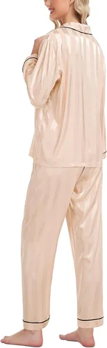 Miniatura 4 de SWOMOG - Pijama de satén de seda para mujer, conjunto de dos piezas con botones, ropa de dormir