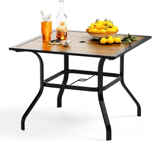 Miniatura 12 de PHI VILLA Mesa de comedor para exteriores de 37 pulgadas, con listones de acero metálico, mesa de comedor cuadrada para patio con agujero para Negro