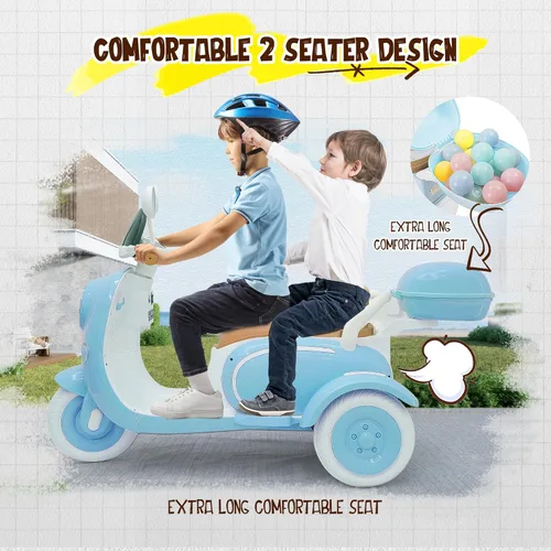 Miniatura 4 de Motocicleta eléctrica para niños de 2 plazas con control remoto, 3 ruedas de 12 V con USB, música, Bluetooth, luz, caja de almacenamiento grande, 2