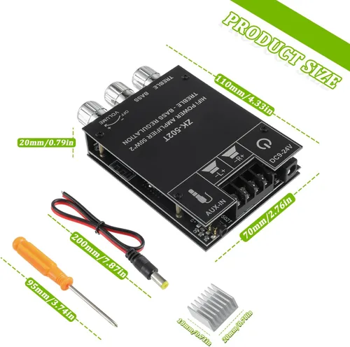 Miniatura 5 de Placa de amplificador Bluetooth de 50W+50W con control de agudos y graves, chips TPA3116D2, DC 9-24V, entradas BT y AUX, amplificador estéreo de 2.0