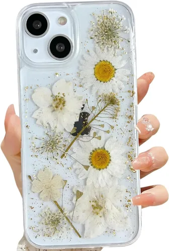 LSEEKA Funda transparente para iPhone 13 Mini/iPhone 12 Mini con diseño de flores reales prensadas, con purpurina, bonito patrón floral blanco, Oro