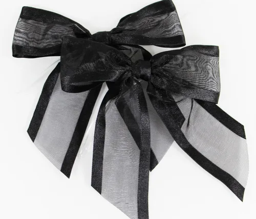Lazos de organza negros preatados con lazos giratorios. Paquete de 12 lazos de tela con bordes satinados hechos de cinta de 1-1/2 pulgadas. El lazo