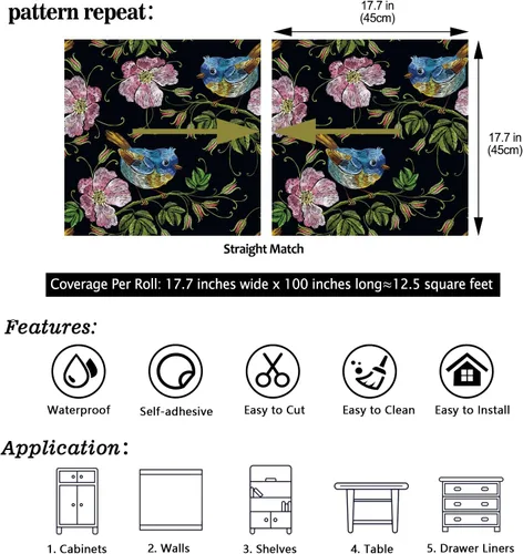 Miniatura 8 de CHIHUT Papel tapiz bordado de 17.7 x 100 pulgadas, diseño floral de pájaro, color negro, rosa, flores silvestres, azul, Wren, papel tapiz