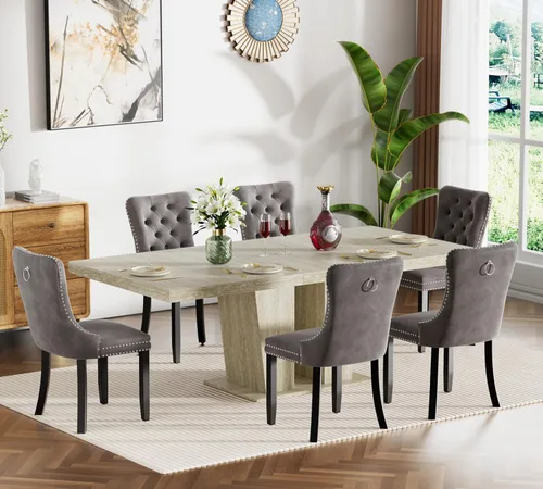 Miniatura 16 de Henf Juego de mesa de comedor extensible de 7 piezas para 6, 160 cm-200 cm Mesa de cocina extensible de grano de mármol blanco con 6 sillas Blanco