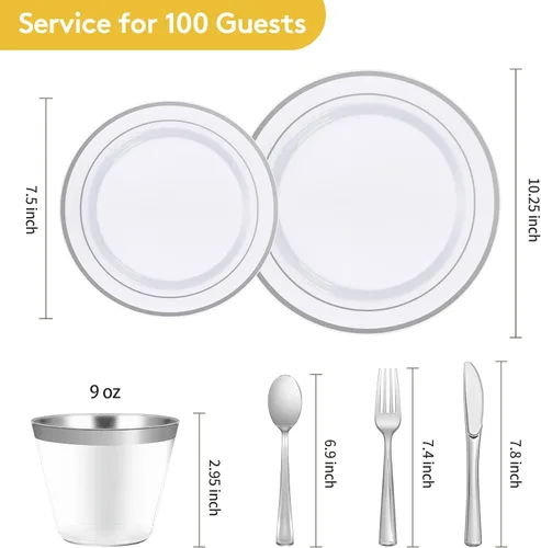 Miniatura 3 de Goodluck 600 Piezas Platos Desechables Plateados para 100 Invitados, Juego de Vajilla de Plástico de 100 Platos de Cena, 100 Platos de Ensalada, 100