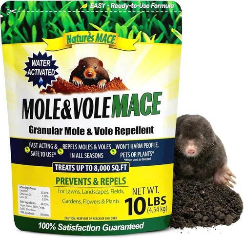 Nature's MACE Mole & Vole MACE - Gránulos de patio y jardín, fórmula de aceite de ricino, uso al aire libre, seguro para plantas y mascotas, 160