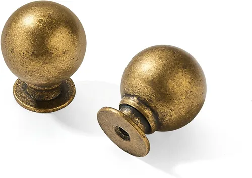 Pomos tipo bola de 1 pulgada para gabinetes y cajones de cocina, estilo vintage antiguo, color latón dorado, paquete de 2 accesorios