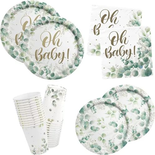 Sage Greenery - Suministros de fiesta de baby shower, platos de papel desechables, servilletas y tazas para decoraciones de fiesta bohemia para