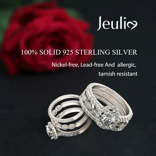 Miniatura 2 de Jeulia Juego de anillos de halo de corte pera, anillo de compromiso con forma de corazón CZ para mujer, plata de ley, diamante blanco, anillos