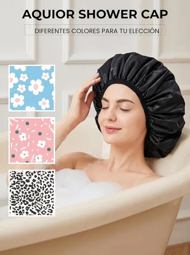 Miniatura 6 de Aquior Gorro de ducha con forro de rizo para mujer, reutilizable, triple capa impermeable, extra grande para mujeres de pelo largo (negro)