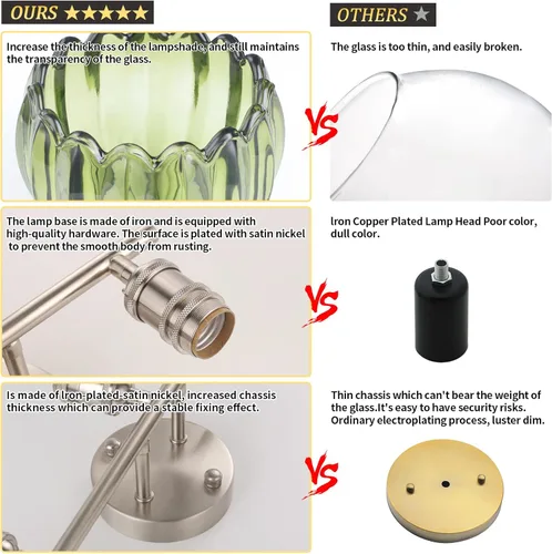 Miniatura 8 de Shenmoyl Accesorios de Iluminación para Baño, Luz de Pared de Tocador de 3 Luces Sobre Espejo con Pantalla de Cristal de Tulipán Verde para Base
