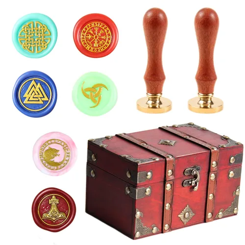 Miniatura 7 de Juego de 6 piezas de sello de cera de madera con cabeza de latón extraíble + 2 asas de madera + caja de cofre del tesoro de madera y cuero