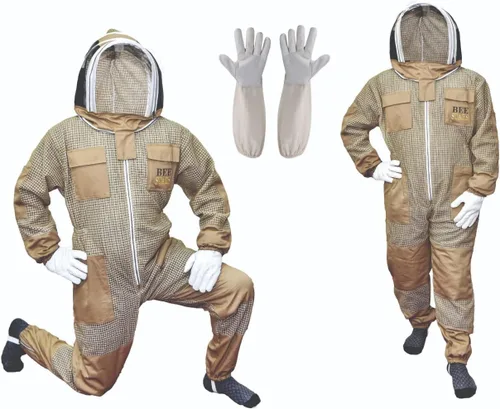 Miniatura 8 de Traje de abeja de 3 capas con velo de esgrima y un par de guantes ventilados a prueba de picadura traje de apicultura para apicultores Blanco