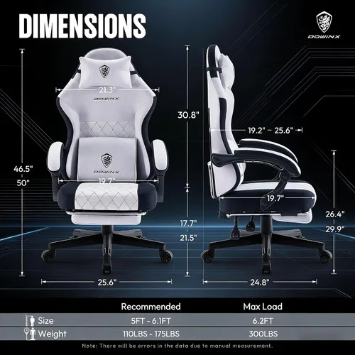 Miniatura 2 de Dowinx Silla de juegos con cojín de resorte de bolsillo, almohada lumbar de masaje y reposapiés, asiento ancho con reposabrazos acolchados, tela