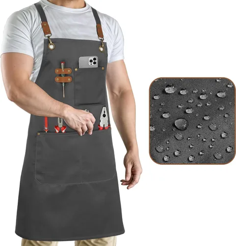Miniatura 14 de RUVANTI Delantales de trabajo para hombres y mujeres con bolsillos, ajustables hasta XXL, durabilidad de grado profesional, delantal negro