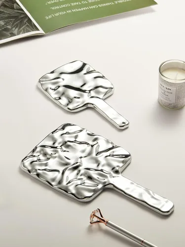 Miniatura 8 de Espejo de mano, espejo de mano con ondas de agua con mango para maquillaje, cuadrado, plateado, grande (6 x 11 pulgadas)