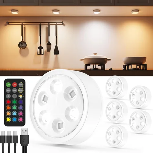 Luces de disco recargables con control remoto, luz LED de 2400mAh alimentada por batería, luces de presión para pegar en estante de exhibición USB
