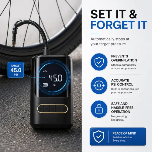 Miniatura 5 de Compresor de aire portátil para bicicleta: mini bomba eléctrica para neumáticos con apagado automático, compatible con múltiples válvulas, inflador