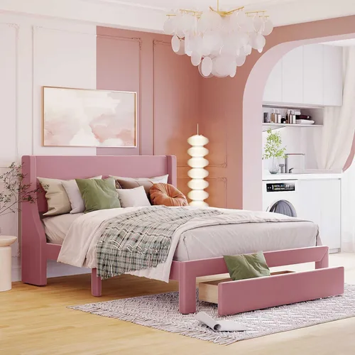 Miniatura 8 de Anwick Base de cama de terciopelo de tamaño matrimonial con cajón de almacenamiento, cama moderna tapizada con cabecera y listones de madera maciza