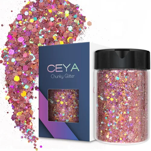 Miniatura 26 de Ceya Brillantina gruesa holográfica, 1 libra/16 onzas, oro diamante a granel, purpurina mixta gruesa y fina embotellada con lentejuelas metálicas