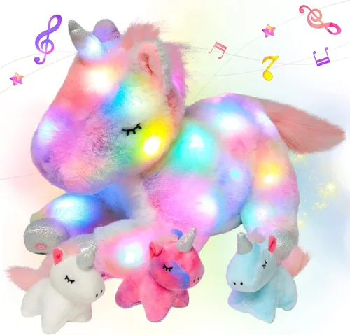 Miniatura 11 de Hopearl Conejo de peluche LED con luces, juguete de peluche con mamá y 3 bebés en su barriga, nana animada, calmante para mamá, niños pequeños