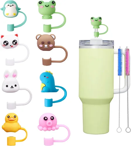 8Pcs Cute 10mm Animal Straw Covers Cap for Stanley Cup,Silicone Straw Toppers Compatible with Stanley 30&40 Oz Tumblers with Handle, Dust-Proof