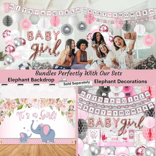 Miniatura 6 de 201 piezas de decoración de baby shower de elefante rosa para niña, suministros florales para fiesta de cumpleaños, mantel, platos de papel