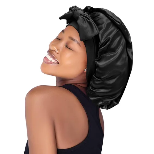 Miniatura 3 de Gorro de seda satinada para el cabello: gorros largos con banda de amarre elástica, correas ajustables, tamaño jumbo para dormir cómodamente, gorros