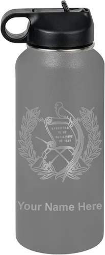 Miniatura 48 de LaserGram Botella de agua personalizada, bandera de Guatemala, acero inoxidable de doble pared aislada al vacío con popote superior, regalo grabado