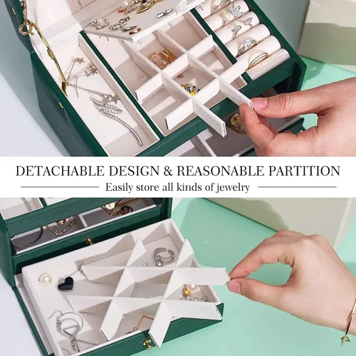Miniatura 5 de Volance Joyero organizador para mujeres y niñas, 3 capas de piel sintética de tamaño mediano con cerradura y bandeja extraíble, para collares