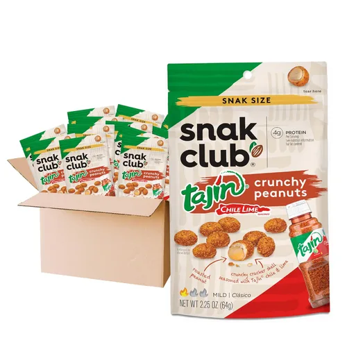 Snak Club Tajin - Cacahuetes crujientes, nueces con chile y condimento de lima, suave, bolsas de aperitivos de 2.25 onzas, paquete de 12
