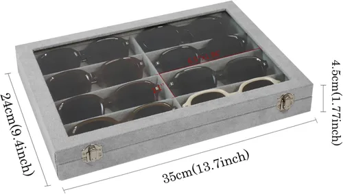 Miniatura 6 de Wudygirl Organizador de joyas, organizador de lentes de sol, bandeja de terciopelo con 8 ranuras, estuche para lentes de sol con tapa, estuche