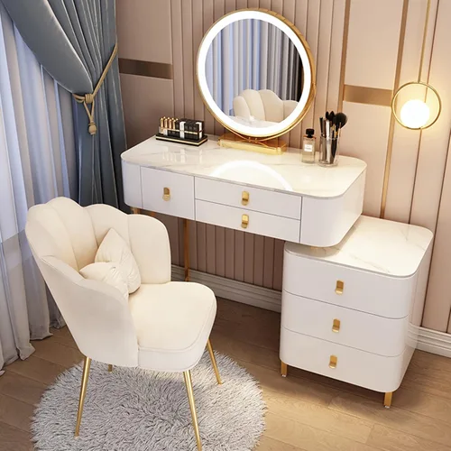 Miniatura 14 de Tocador, tocador de maquillaje con taburete acolchado, tocador con espejo iluminado LED y mesa auxiliar, mesa de maquillaje con 3 cajones