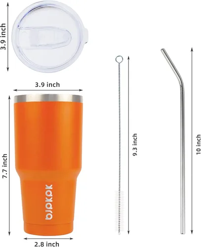 Miniatura 3 de BJPKPK Vaso aislado con tapa transparente abatible y pajilla, vaso de viaje reutilizable con aislamiento de acero inoxidable, naranja, 30 onzas