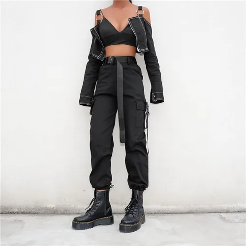 Miniatura 3 de JEAAMKSSER Pantalones cargo negros de cintura alta para mujer con bolsillos, holgados, color liso, Y2K Streetwear