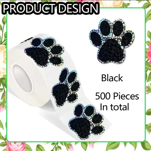 Miniatura 2 de 500 piezas de rollo de calcomanías lindas de patas de perro en glitter, etiquetas adhesivas de huellas de perro negro, etiquetas de vinilo