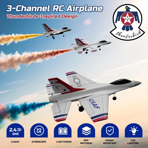 Miniatura 2 de DEERC F16 Thunderbirds - Avión RC, Avión de control remoto de 3 canales, Avión de combate con estabilizador de giro de 6 ejes de 2.4GHz RTF con 2
