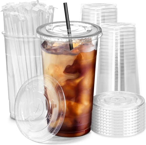 Miniatura 13 de Fit Meal Prep Paquete de 100 Vasos de Plástico para Café Helado de 12 oz con Tapas Planas y Pajitas Negras, Vaso Transparente Desechable, Vaso Libre