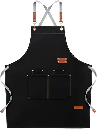 Miniatura 10 de Delantales de chef para hombres y mujeres con bolsillos grandes, lona de algodón, espalda cruzada, ajustable, para cocinar, trabajo, impermeable